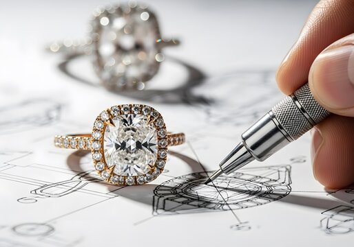 Luxury cushion-cut diamond engagement ring resting on meticulous jewelry design blueprints, illustrating high-end craftsmanship for premium advertising and retail branding