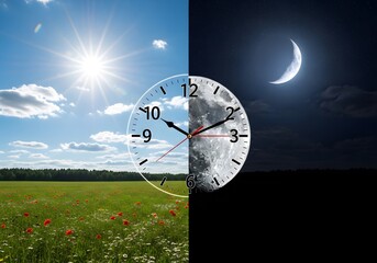 Day and Night Duality Concept, Analog Clock Face Overlaying Bright Sunny Meadow and Dark Starry Night Sky, Time Management Scheduling Background for Business Planning and Productivity