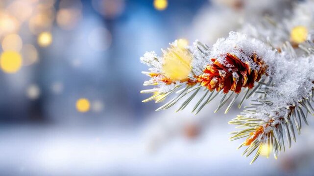 Winter Wonderland Branch: A pine branch dusted with snow and adorned with a pine cone, capturing the serene beauty of a winter wonderland, evoking a sense of calm and the holiday spirit. 