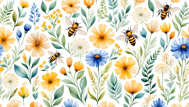 Whimsical watercolor pattern of bees and wildflowers in yellow, blue, and green hues