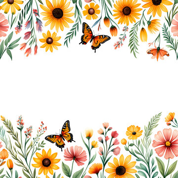 Vibrant watercolor floral border with monarch butterflies and sunflowers