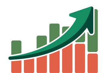 A green arrow curves upwards over a bar graph indicating financial growth.