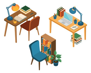 A domestic scene depicts three desks, chairs, lamps, and bookshelves, suggesting a study or workspace.