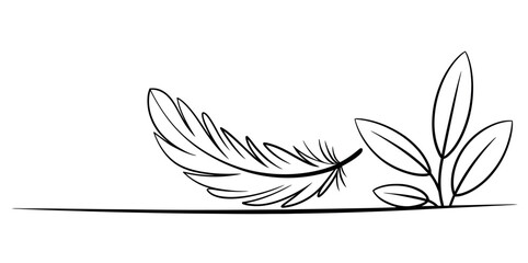 A delicate feather rests beside a small cluster of leaves on a white background.