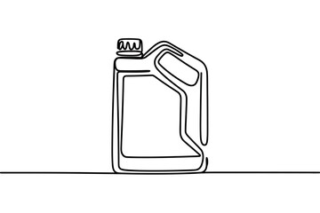 A single line drawing of a plastic oil jug with a handle and cap against a white background.
