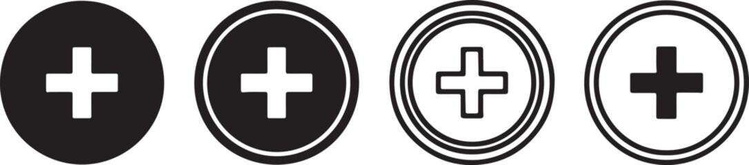 Obraz premium Four black and white circles with plus signs in the center arranged in a row also transparent background