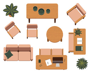 A collection of furniture and plants viewed from above in a top-down perspective.