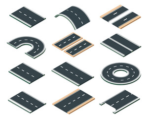 A collection of isometric road segments and intersections is displayed against a white background.