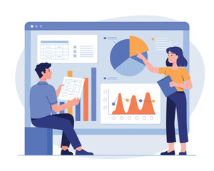 Two colleagues analyze a business presentation with charts and graphs on a screen.