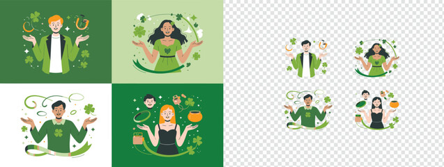 Obraz premium Smiling people presenting symbols of luck including shamrocks horseshoes and pots of gold