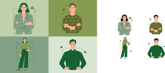 Stylish men and women wearing green clothing with Irish clover accents for good luck