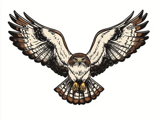 Hawk soaring, wings outstretched, white background, wildlife illustration
