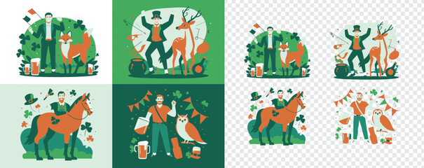 Fototapeta premium A collection of cheerful St Patricks Day themed illustrations featuring men, animals, and traditional symbols of Ireland