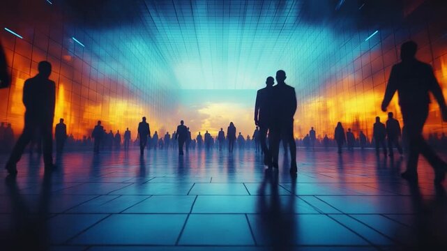 Shadows of Ambition: Silhouetted figures navigate a futuristic metropolis. This digital artwork captures the essence of anonymity, ambition, and the relentless pulse of city life.