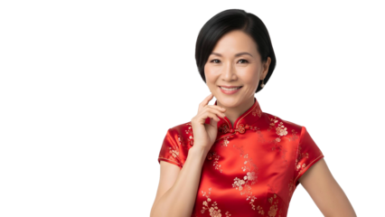 Smiling East Asian woman in a traditional red cheongsam with a thoughtful pose against a white background.