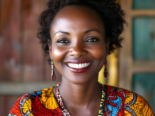 Close-up portrait of smiling Kenyan businesswoman in her 40s at workplace