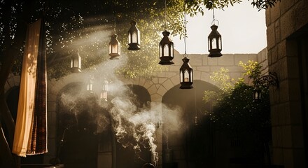 Mysterious courtyard with lanterns and smoke at sunrise with copy space