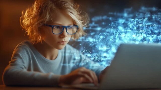 Young Programmer's Digital World: A bright child with glasses intently focuses on coding on a laptop, surrounded by a virtual galaxy of data.