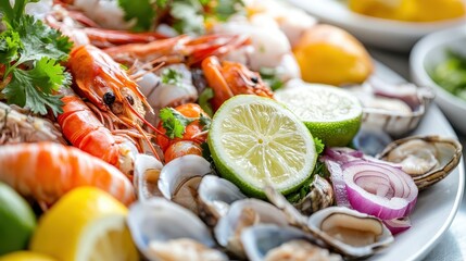 Fresh Ceviche Dish with Seafood Garnished with Lime and Herbs