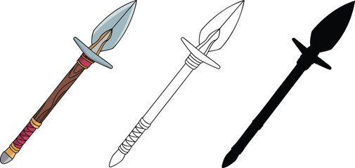 Spear silhouette & Outline and illustration set isolated on transparent background