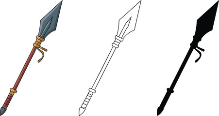Spear silhouette & Outline and illustration set isolated on transparent background