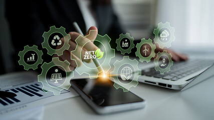 Interconnected green gears with icons representing renewable energy, carbon reduction, recycling,...