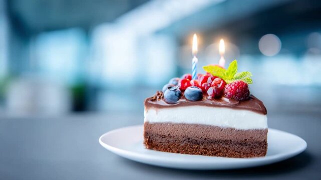 Delicious slice of Cake: A mouthwatering slice of layered cake adorned with fresh berries and flickering candles, set against a blurred background, evokes a sense of celebration and indulgence.