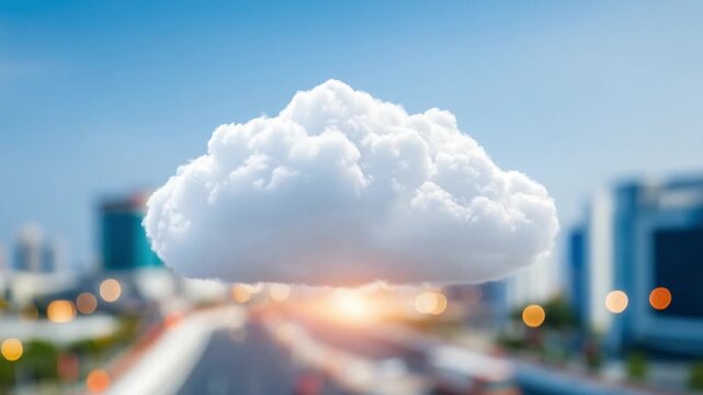 Cloudscape Connectivity: A fluffy, solitary cloud floats above a modern cityscape, symbolizing technological connectivity and the vast expanse of the digital world.