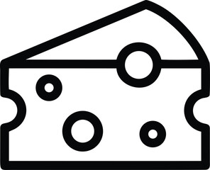 Black outline graphic vector of a wedge shaped cheese slice with holes on white background