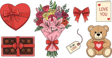 Valentine gift set with heart chocolate box flower bouquet and teddy bear collection isolated on transparent background