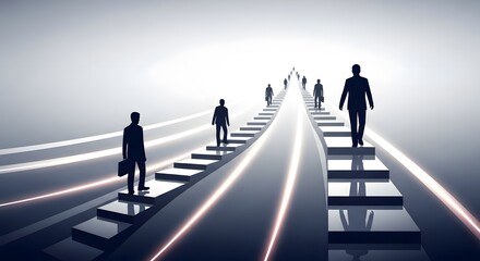 Silhouetted businesspeople walking on stairs towards a bright future