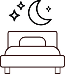 Simple line art vector illustration of a bed with a crescent moon and stars