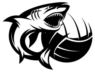 Dynamic black and white logo featuring a menacing shark aggressively biting into a volleyball, perfect for sports teams.