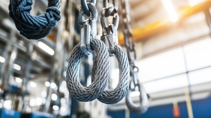 Heavy duty steel chain links and anchor points with intricate weaving for industrial lifting and support