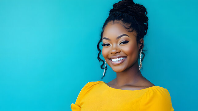 Joyful young African-American woman expressing happiness with yellow shirt on blue background