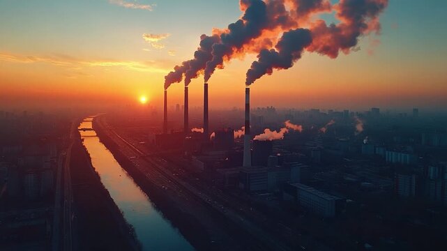Emissions Over City at Sunset: A stark contrast emerges as industrial smokestacks release plumes of emissions into the atmospheric layer against the backdrop of a radiant sunset.