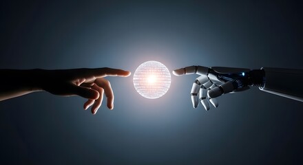 Human and robot hands reaching for glowing orb of code