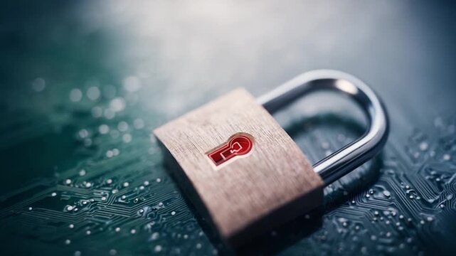 Digital Fortress: A metallic padlock, symbol of data protection, rests upon an intricate circuit board, representing the safeguarding of information in the digital world.