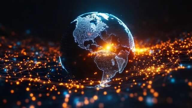 Global Connectivity: A futuristic depiction of the Earth, interwoven with glowing networks and digital light, symbolizing global communication and interconnectedness.