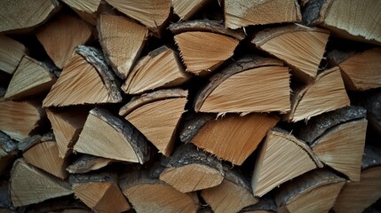 A detailed close up view of a large stack of dry brittle firewood with cracked and weathered wood grain showing natural brown and tan textures ready for burning