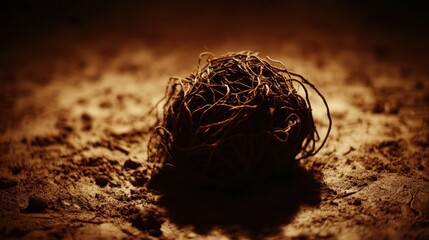 A detailed close up view of a tangled mass of thick dark dried roots exposed in the brown earth