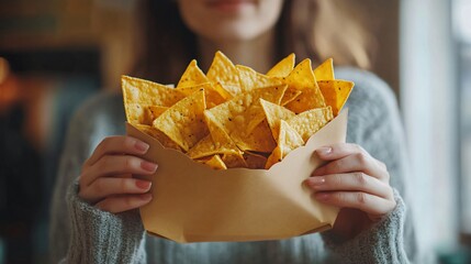 Young Woman Enjoying Nachos at Home