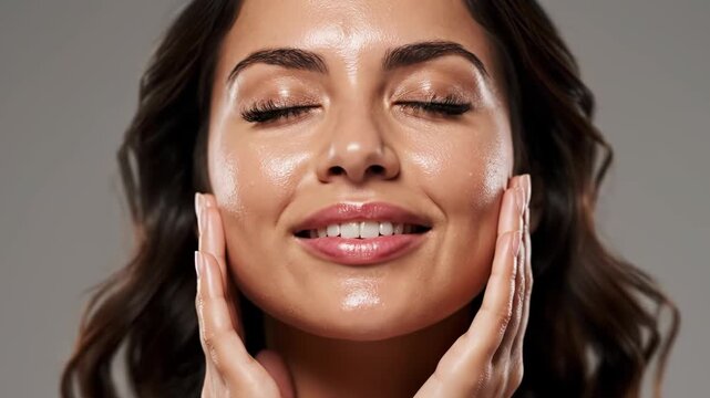 Woman applying skincare product to her face gently