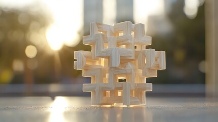 Intricate wooden geometric blocks interlocking to form a complex abstract structure bathed in warm golden hour sunlight