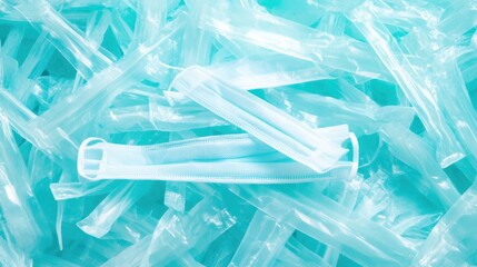 A detailed photograph of a large pile of individually sealed medical masks in soft blue and white packaging