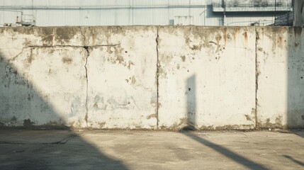 A dilapidated concrete barrier with visible cracks and weathered surface under outdoor lighting