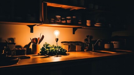 A dimly lit kitchen counter features a single glowing light bulb illuminating fresh green vegetables and jars on shelves above