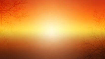 Orange autumn background with silhouettes of bare tree branches on glowing golden yellow sky at sunset or sunrise creating warm atmospheric texture for seasonal festive designs and cards