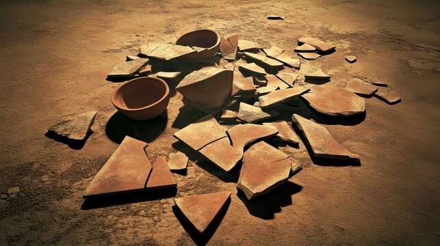 Jagged shards of broken terracotta pottery scattered across the ground