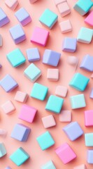 Pastel cubes scattered on a coral background, artistic abstract design, for creative projects, colorful backgrounds